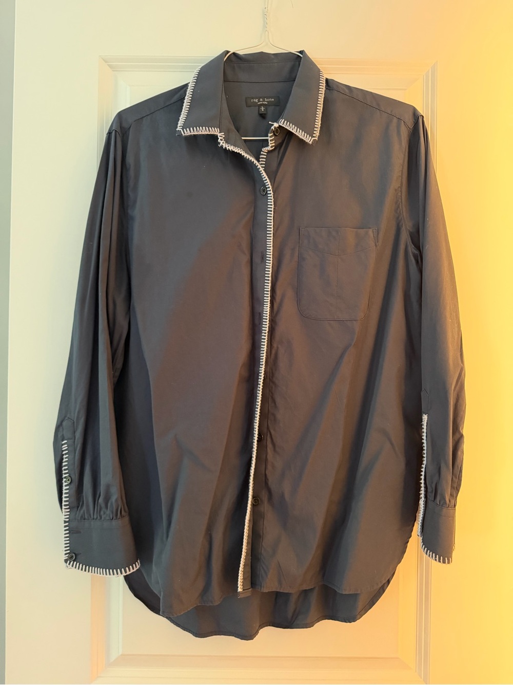 rag & bone Maxine Blanket Stitch Shirt Navy Cotton Button Down Size L